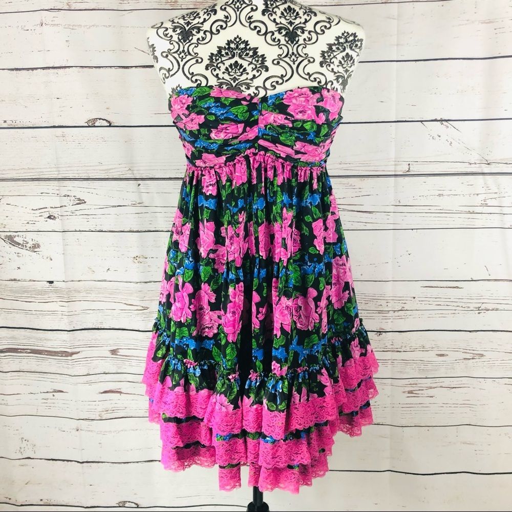 Betsey Johnson 100% Silk Floral Rose Strapless Babydoll Dress Lace Size 4